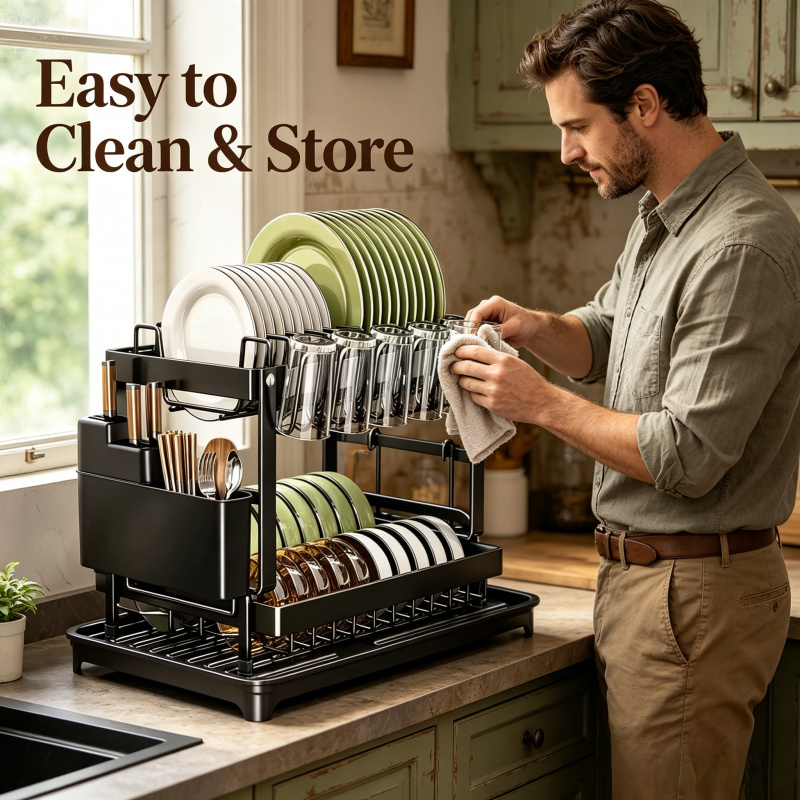 Commercial Kitchen Floor Drain - Space Saving 2-Tier Dish Drying Rack